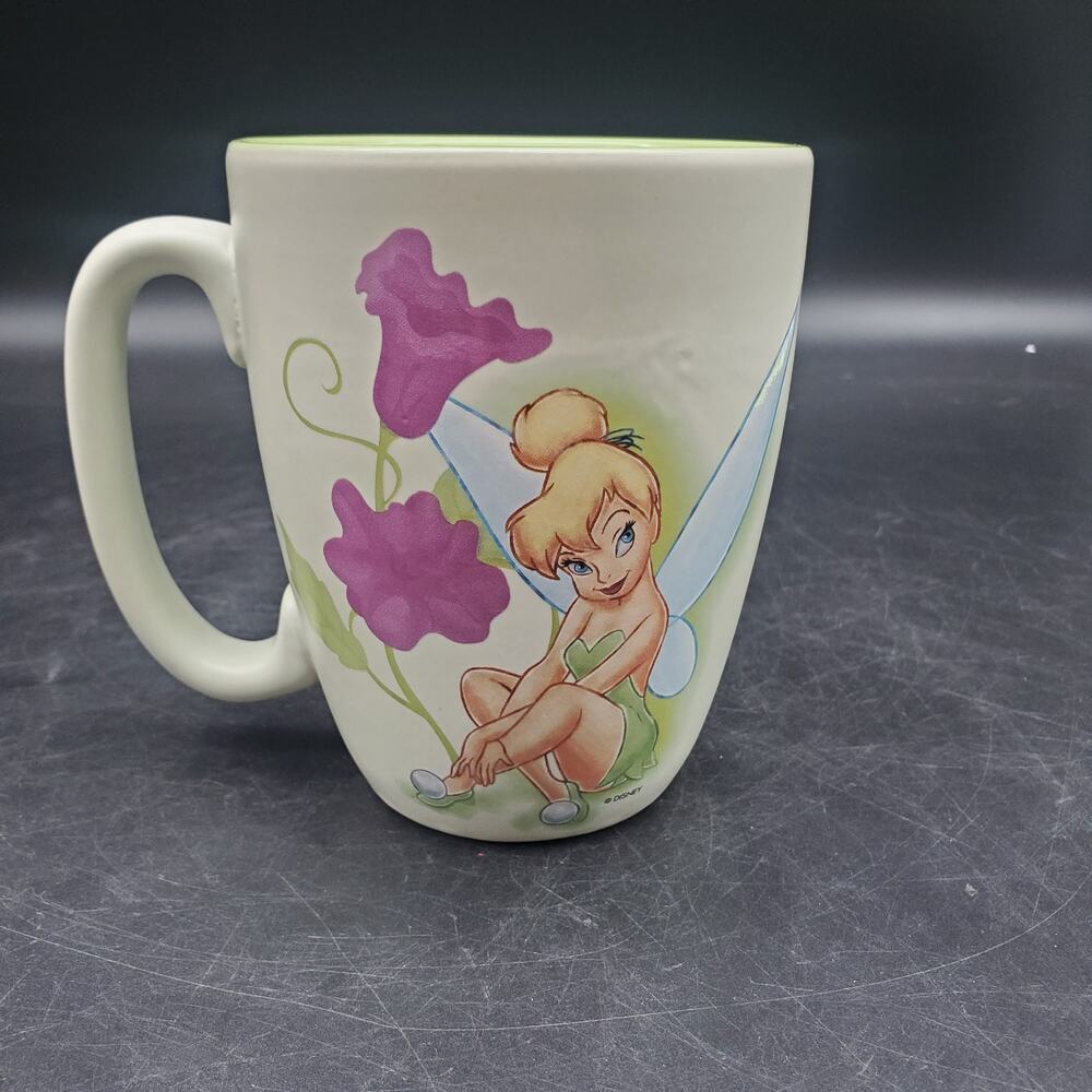 Disney Store Tinker Bell Fairies Coffee Mug White Green Ceramic Cup Floral